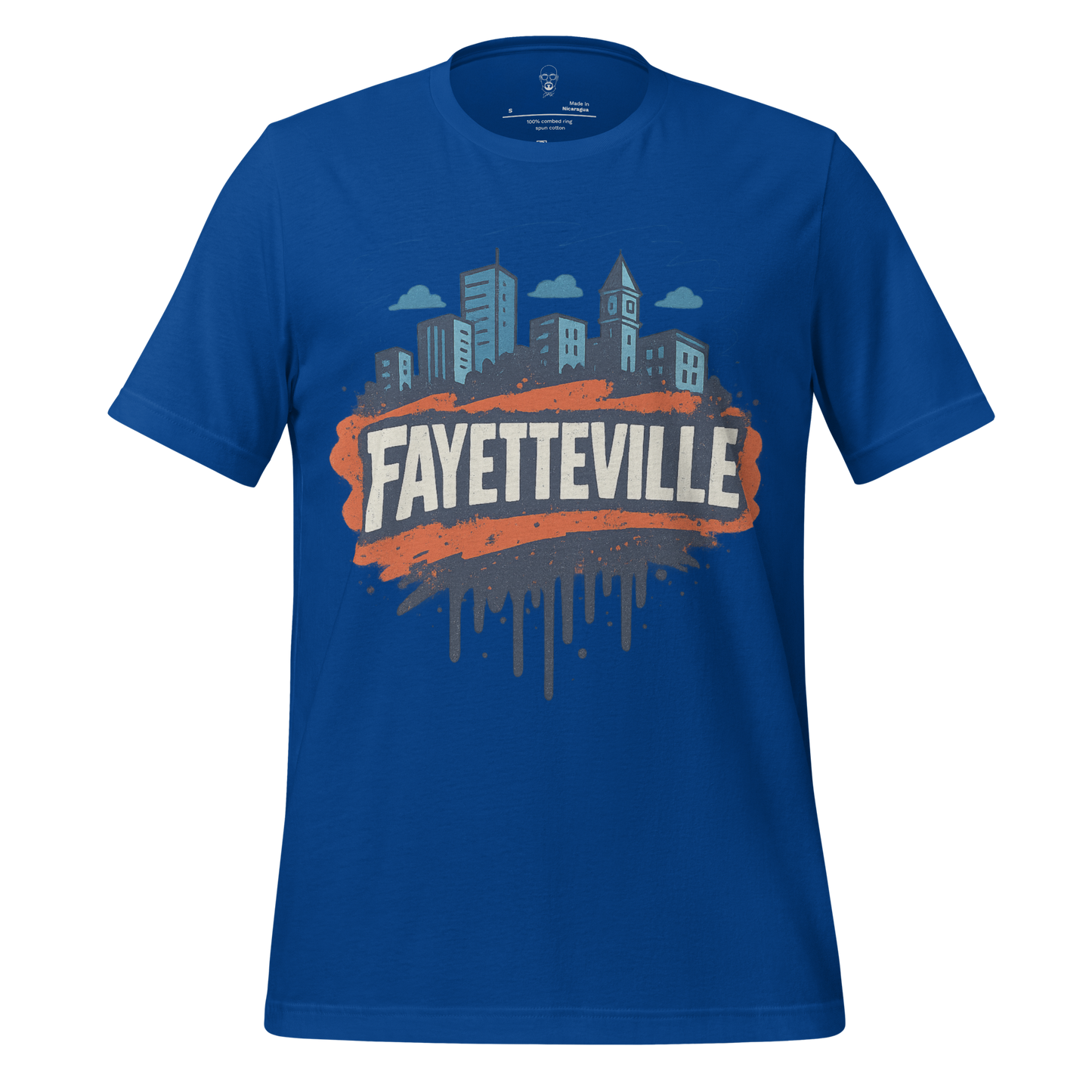 Blue Fayetteville Graphic T-Shirt with city skyline and bold Fayetteville text design