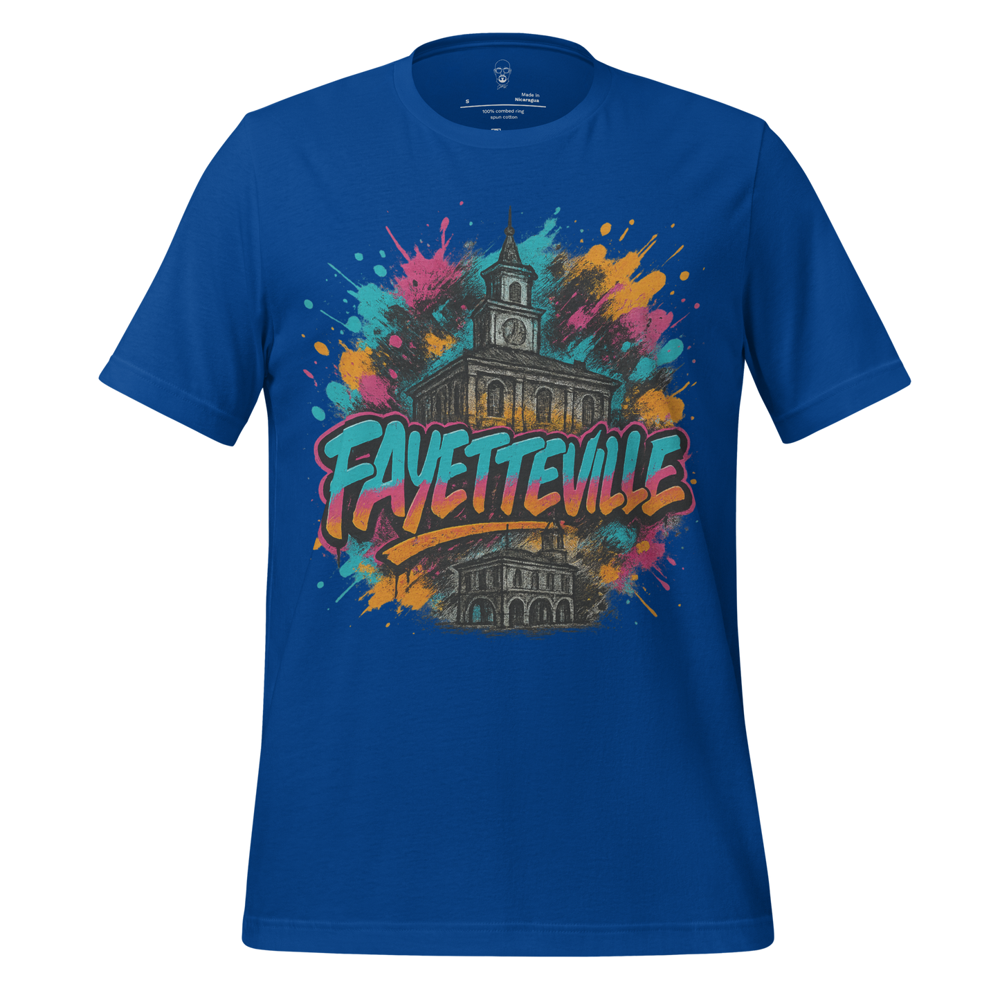 JMK Drip Fayetteville Graphic T-Shirt in blue with colorful city landmark design and graffiti style text