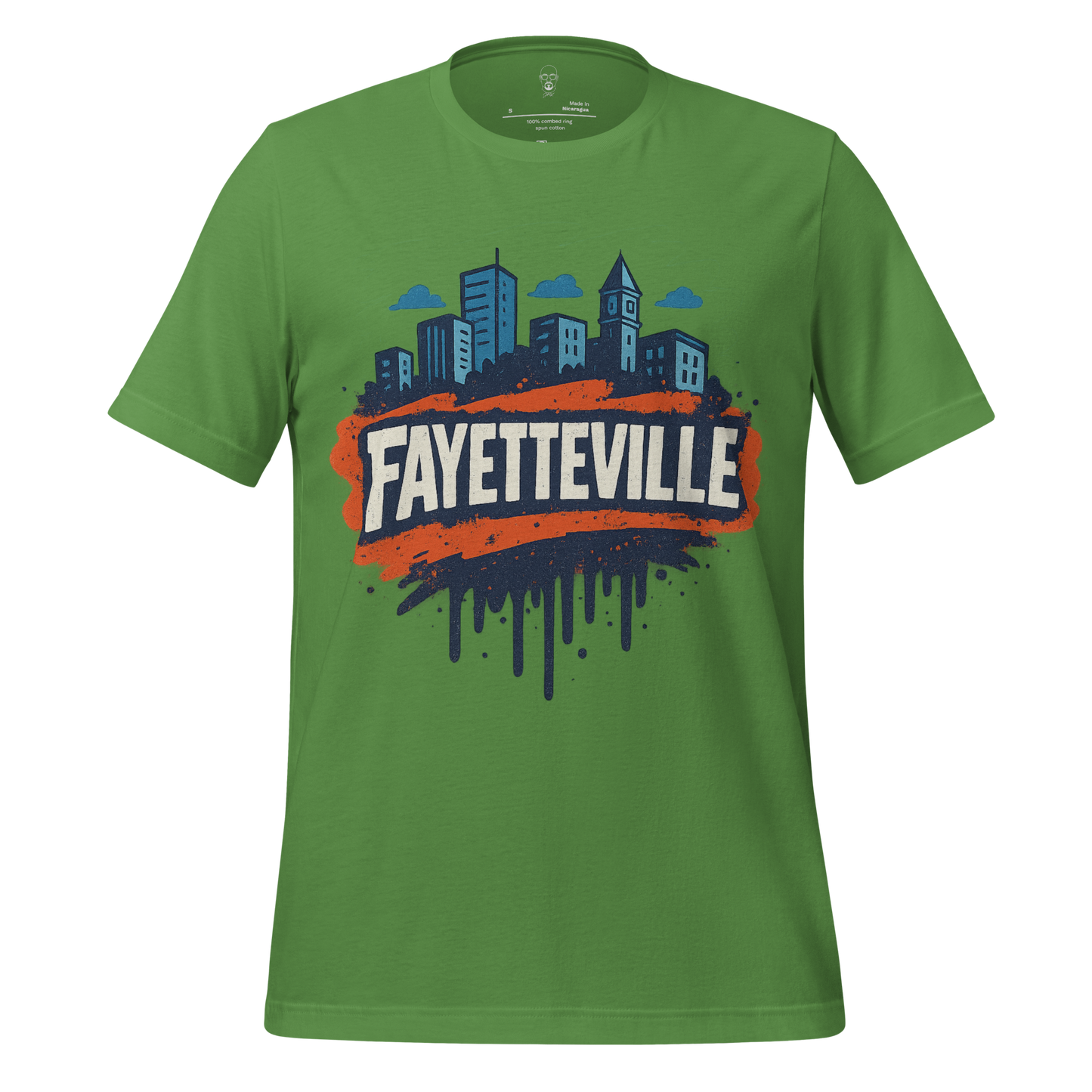 Green Fayetteville Graphic T-Shirt with city skyline and bold orange and blue design