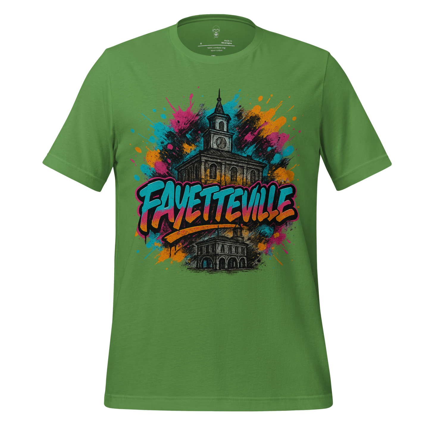 Green Fayetteville Graphic T-Shirt with colorful splash design and city landmark illustration