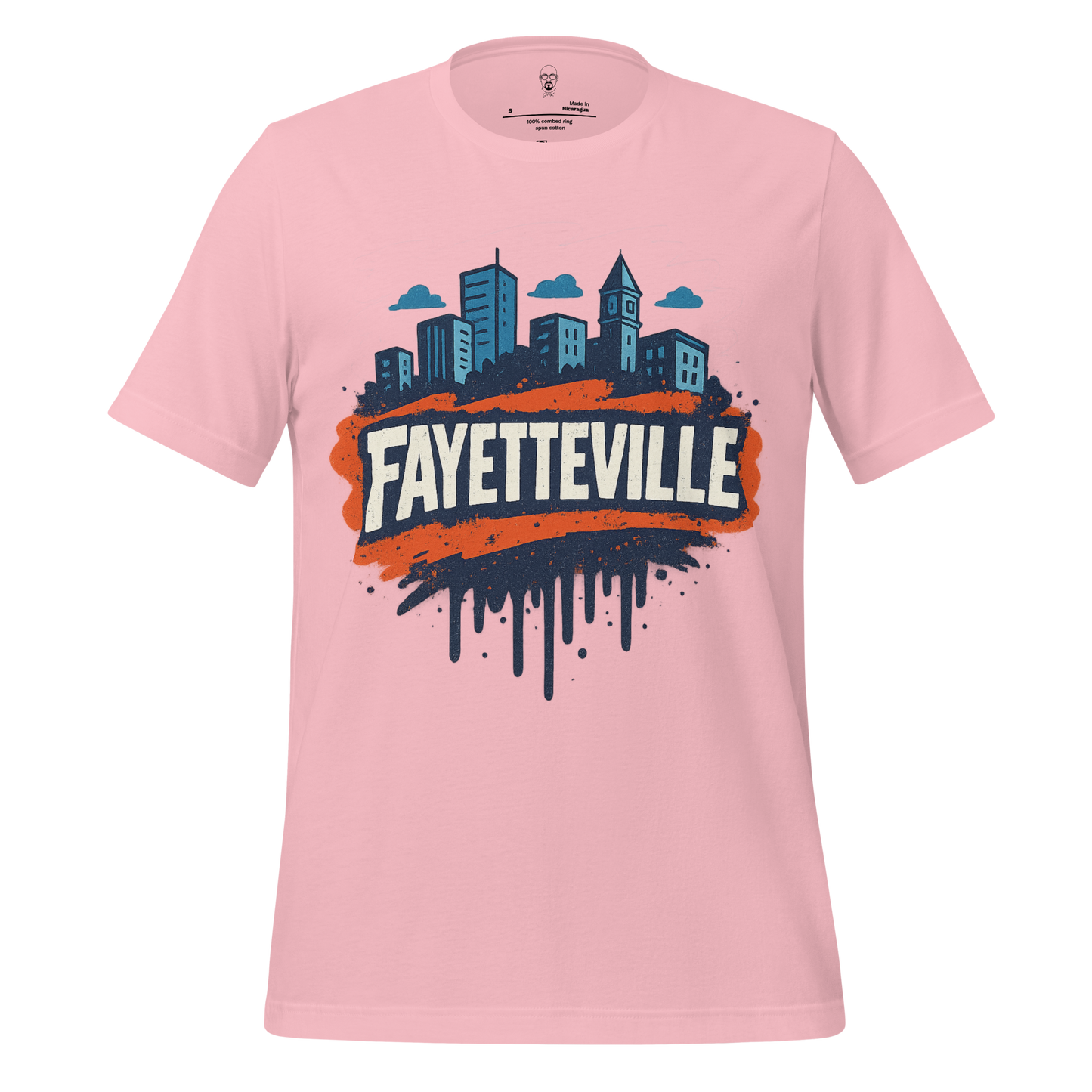 Pink Fayetteville Graphic T-Shirt with city skyline and bold artistic design by JMK Drip