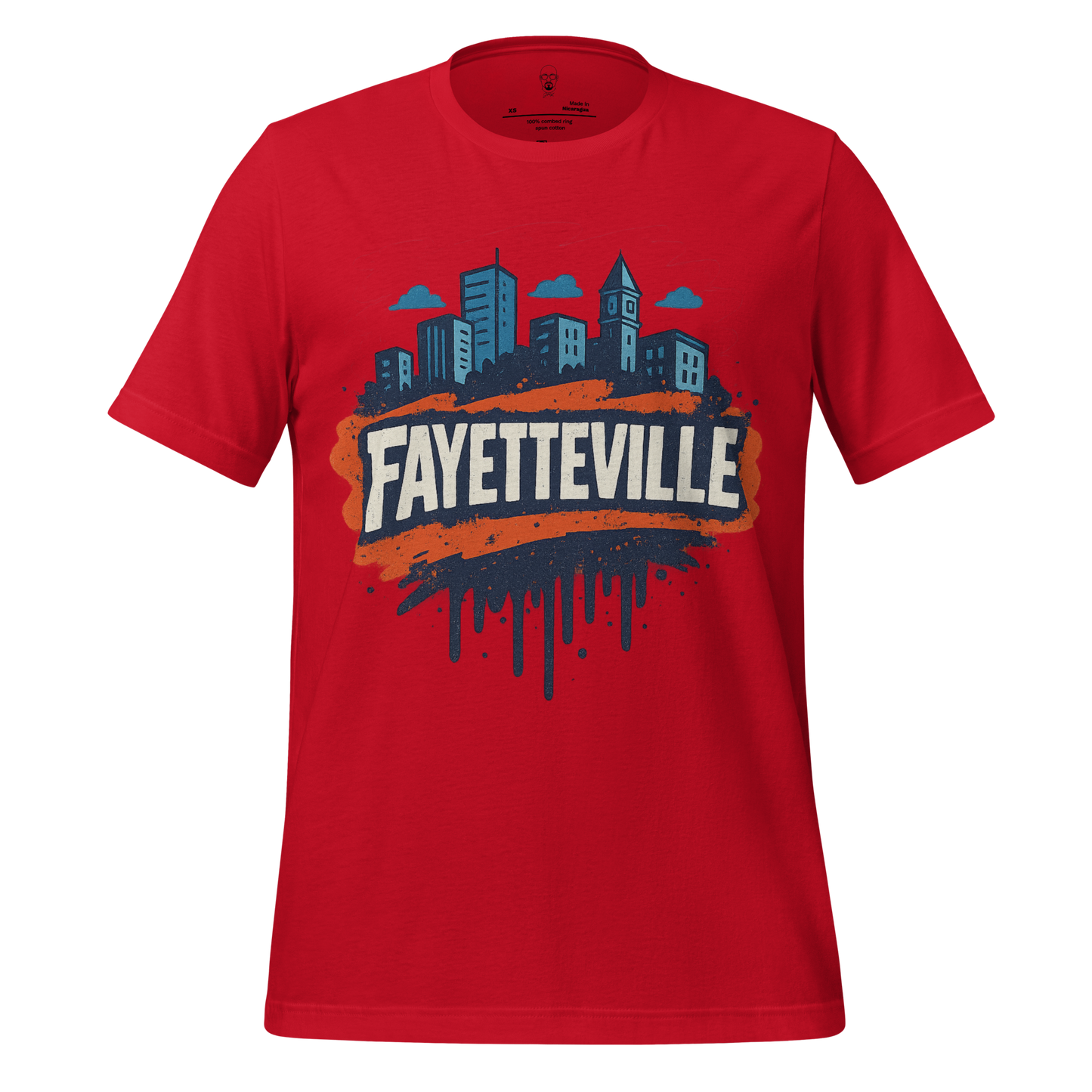 Red Fayetteville Graphic T-Shirt with city skyline and graffiti style text design