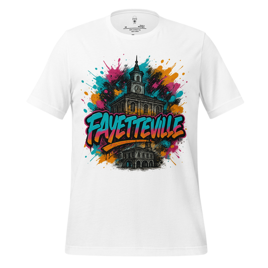 White Fayetteville Graphic T-Shirt with colorful splash design and downtown clock tower artwork