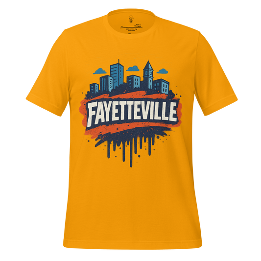 Yellow Fayetteville Graphic T-Shirt with city skyline design and bold text by JMK Drip