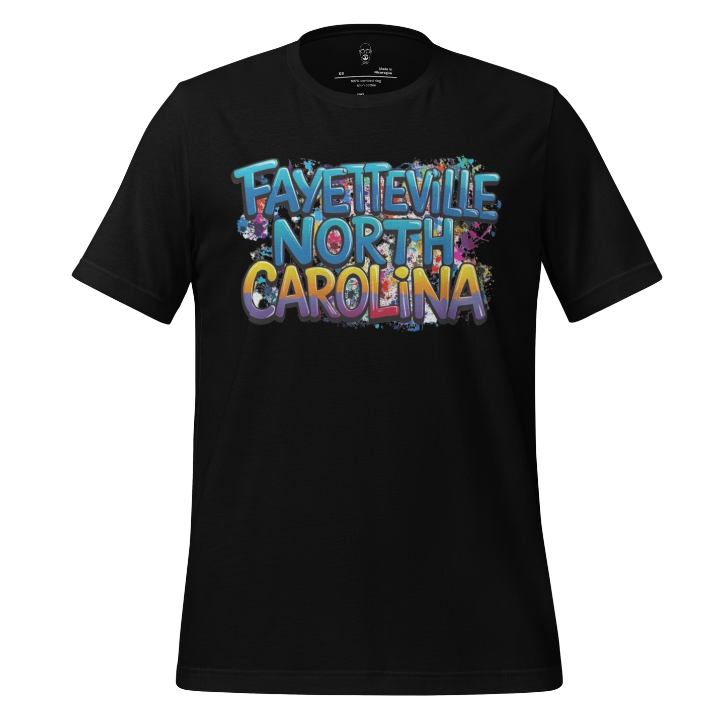 Black Fayetteville North Carolina t-shirt with colorful graffiti-style text design