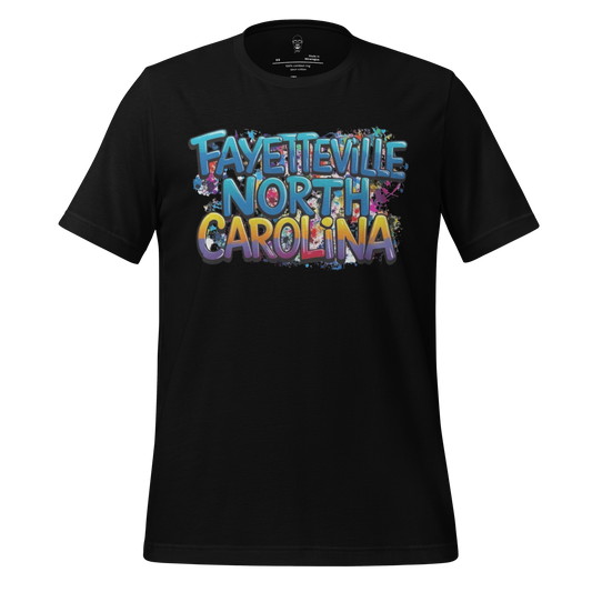 Black Fayetteville North Carolina t-shirt with colorful graffiti-style text design