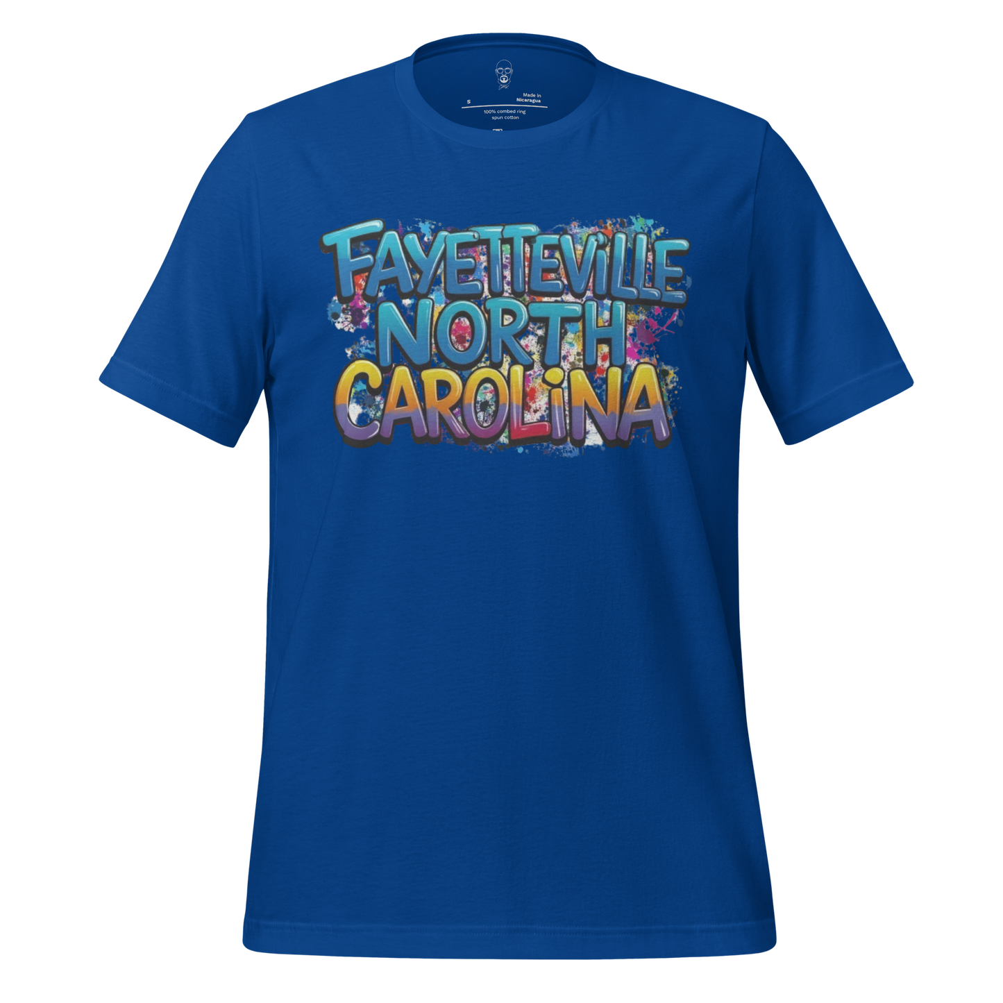 Blue Fayetteville North Carolina t-shirt by JMK Drip with colorful graphic text design