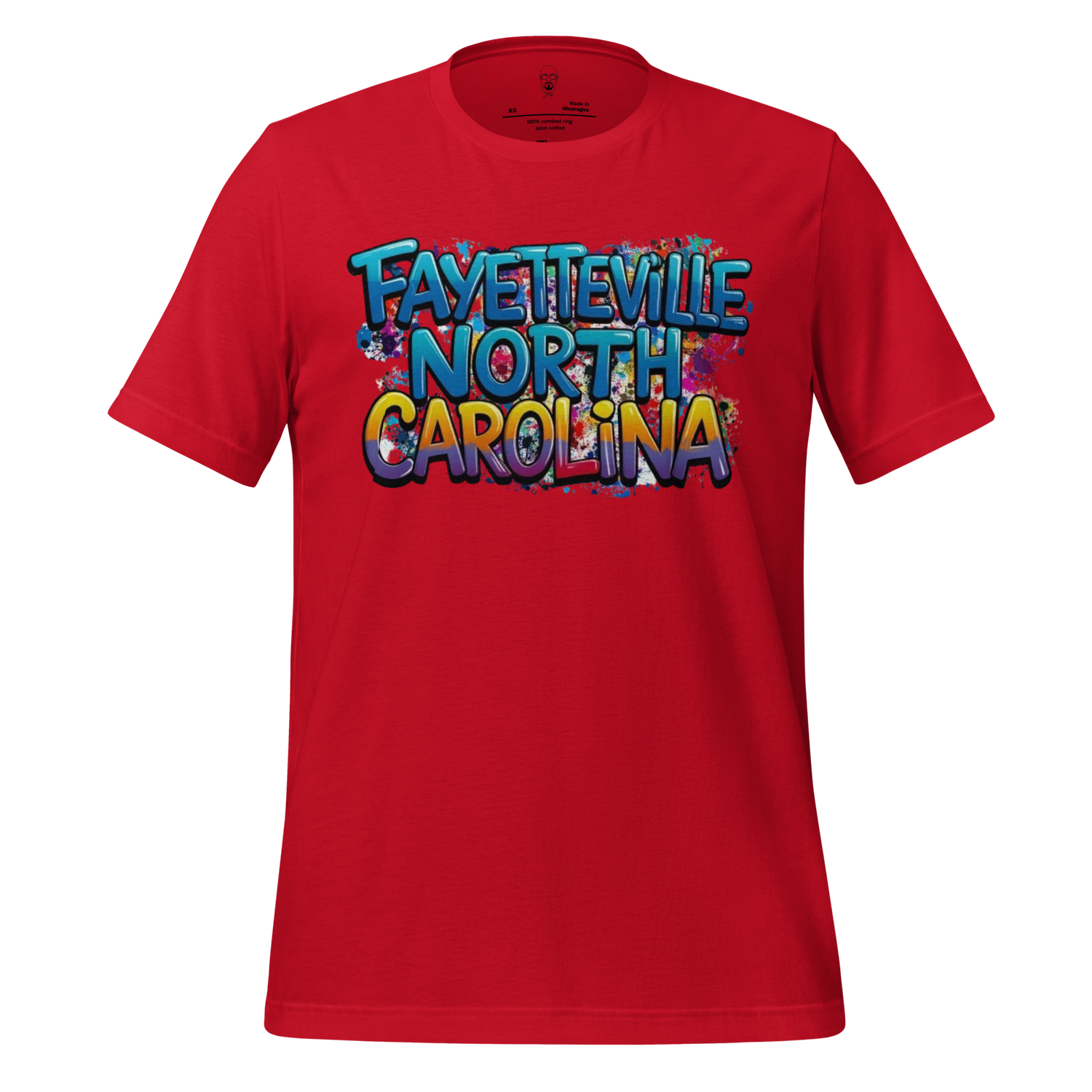 Red Fayetteville North Carolina t-shirt with colorful graffiti style text design by JMK Drip