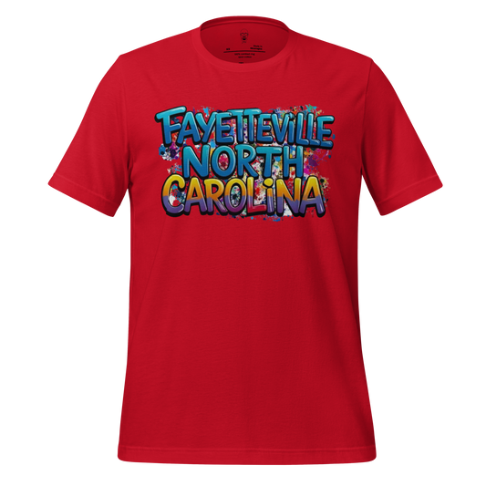 Red Fayetteville North Carolina t-shirt with colorful graffiti style text design by JMK Drip