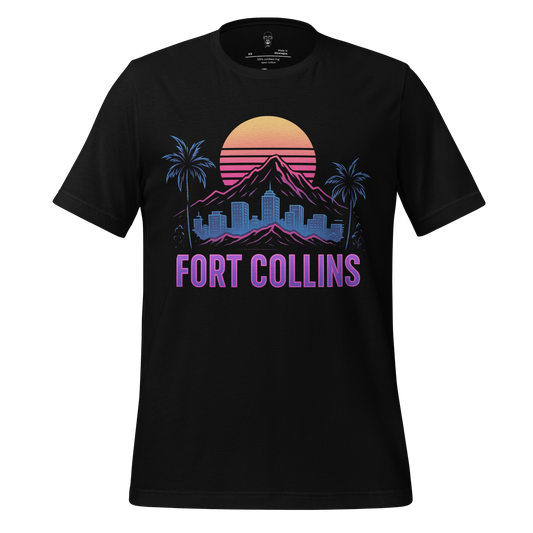 JMK Drip black Fort Collins Graphic T-Shirt with sunset mountain cityscape and palm tree design