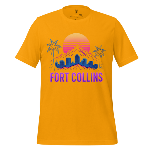 JMK Drip yellow Fort Collins Graphic T-Shirt with sunset mountain and city skyline design