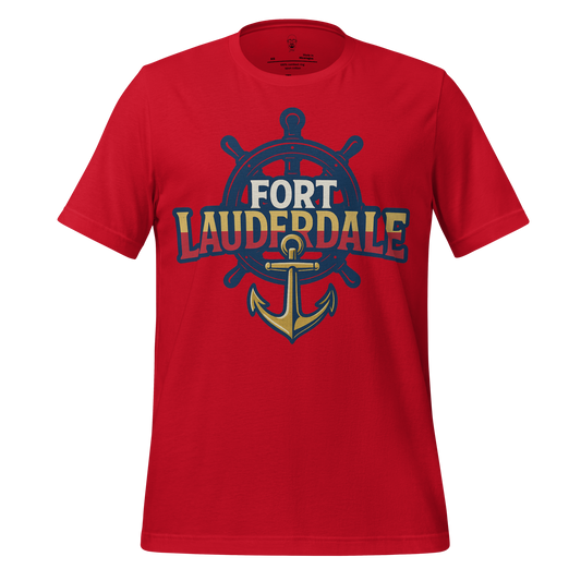Red Fort Lauderdale Graphic T-Shirt with navy ship wheel and yellow anchor design
