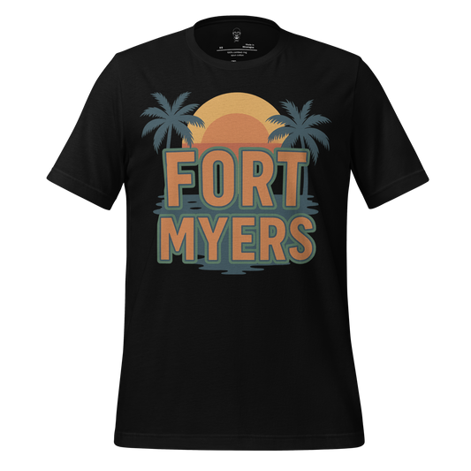 Black Fort Myers Graphic T-Shirt with sunset and palm tree design printed on front