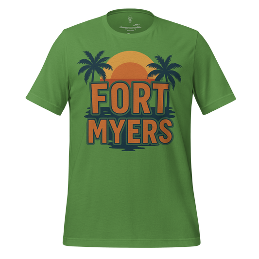 Green Fort Myers Graphic T-Shirt with sunset and palm tree design front print