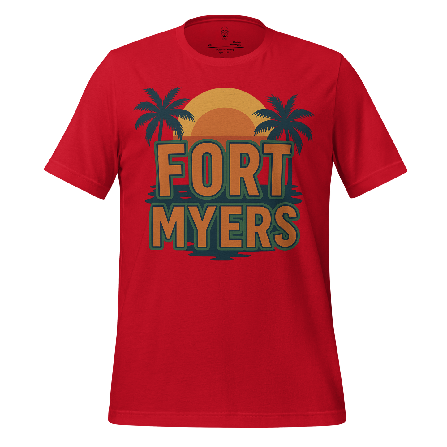 Red Fort Myers Graphic T-Shirt with sunset and palm tree design on front