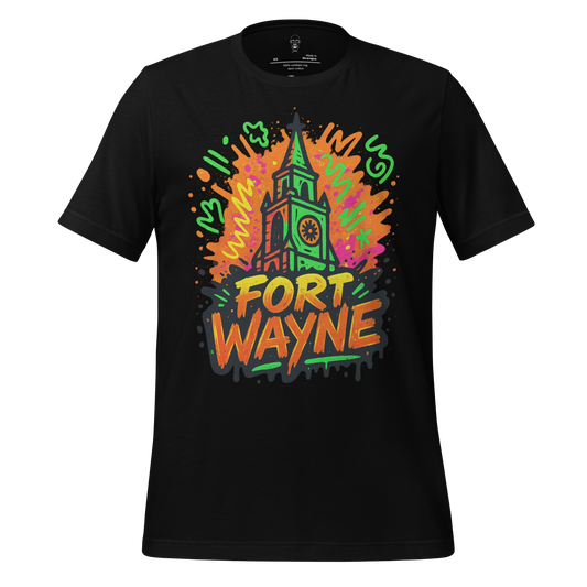Black Fort Wayne Graphic T-Shirt with colorful clock tower and graffiti-style design