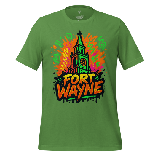 JMK Drip green Fort Wayne Graphic T-Shirt with colorful clock tower design and graffiti style text