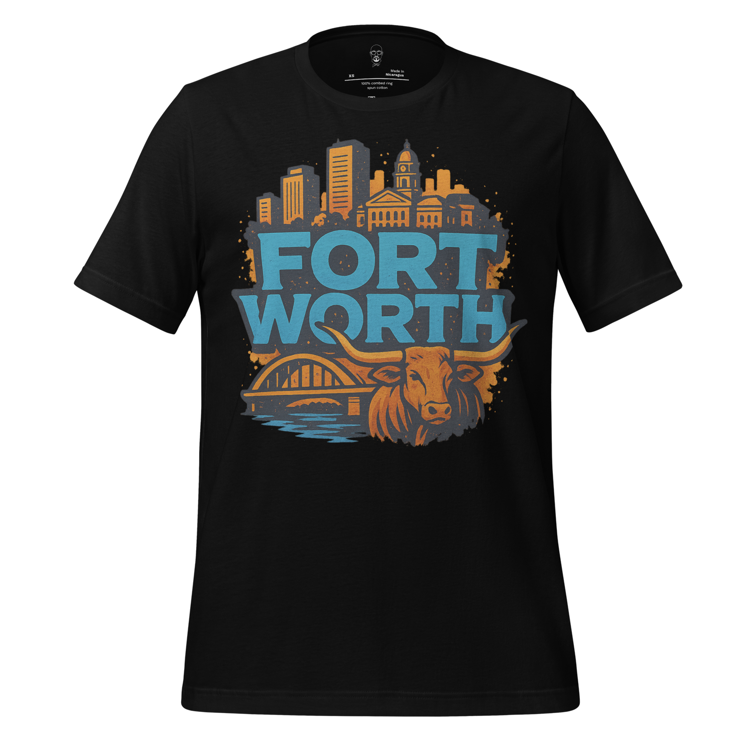 Black Fort Worth t-shirt by JMK Drip featuring city skyline and longhorn graphics