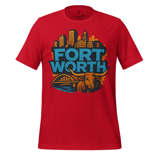 Red Fort Worth t-shirt with city skyline graphic and longhorn illustration by JMK Drip