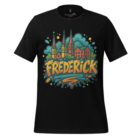 JMK Drip Frederick Graphic T-Shirt with colorful cityscape and bold lettering on black fabric