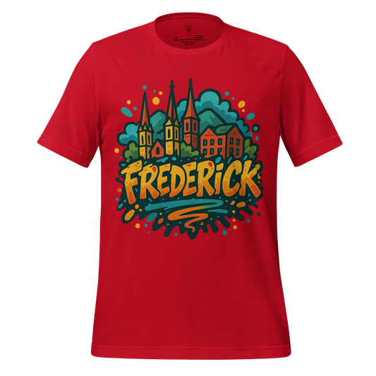 Red Frederick Graphic T-Shirt by JMK Drip with colorful cityscape and bold Frederick text design