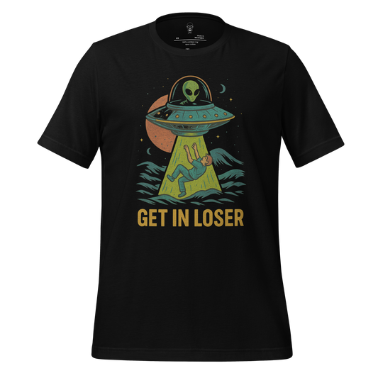 Funny alien graphic tee with green alien abducting person and text Get In Loser on black shirt