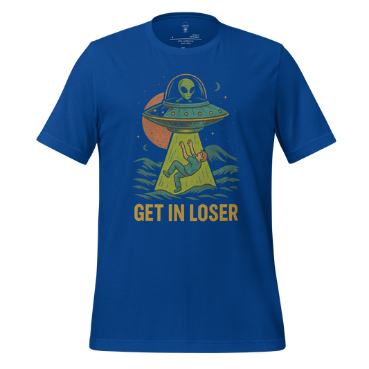 Blue funny alien graphic tee by JMK Drip with UFO abduction design and Get In Loser text