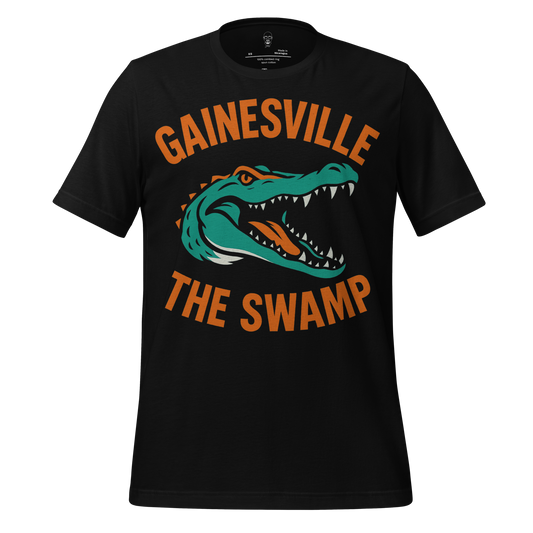 Black Gainesville Graphic T-Shirt with green alligator and orange Gainesville The Swamp text