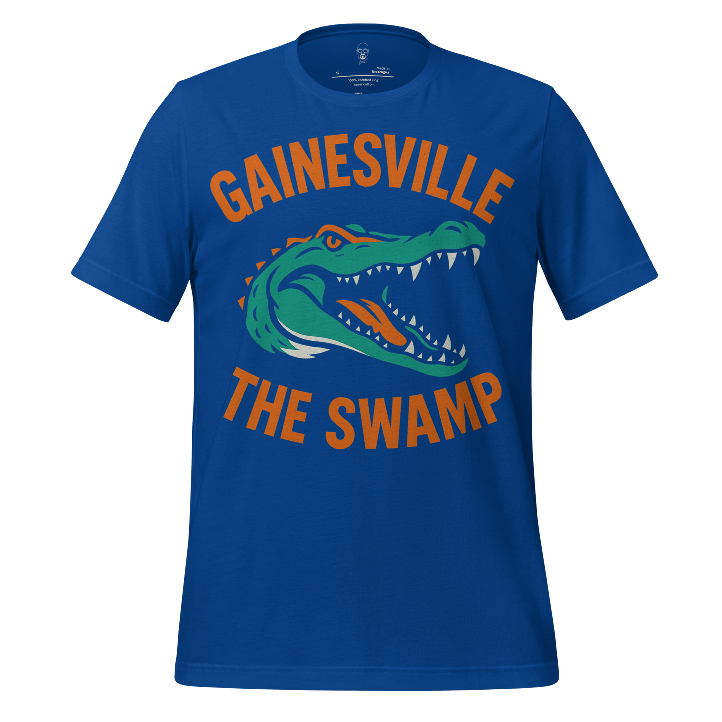 Blue Gainesville Graphic T-Shirt with fierce green alligator and orange text design