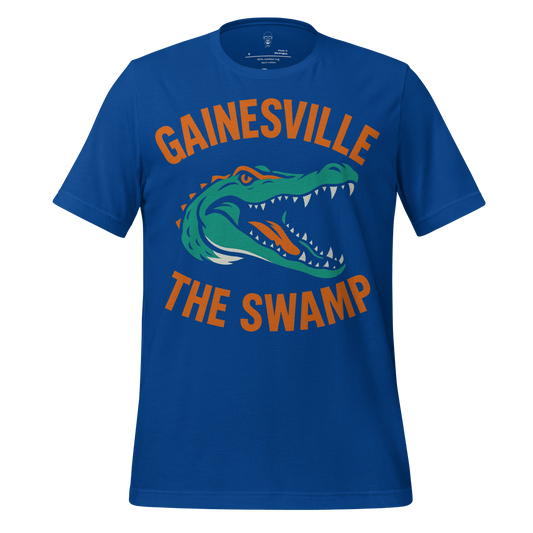 Blue Gainesville Graphic T-Shirt with fierce green alligator and orange text design