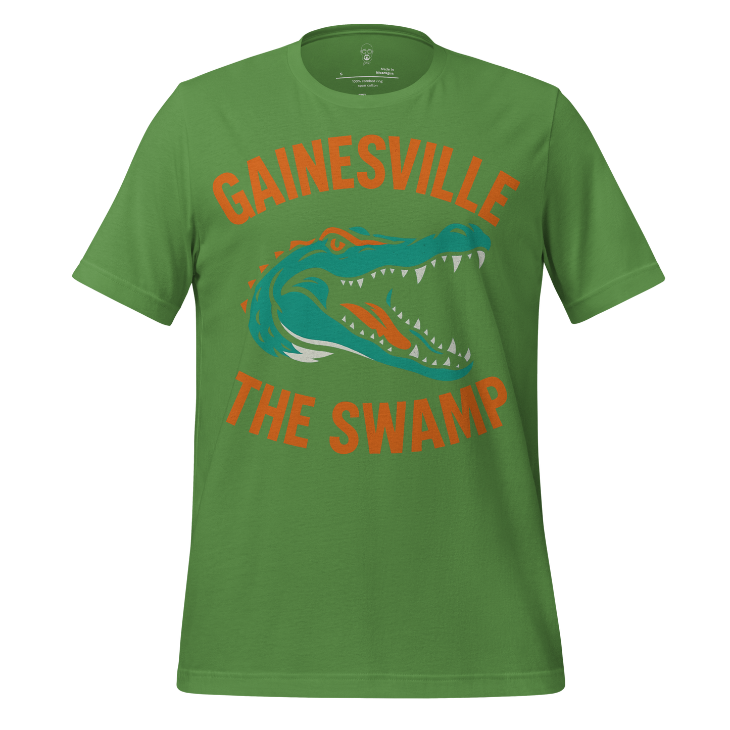 Green Gainesville Graphic T-Shirt with alligator head and orange text the swamp