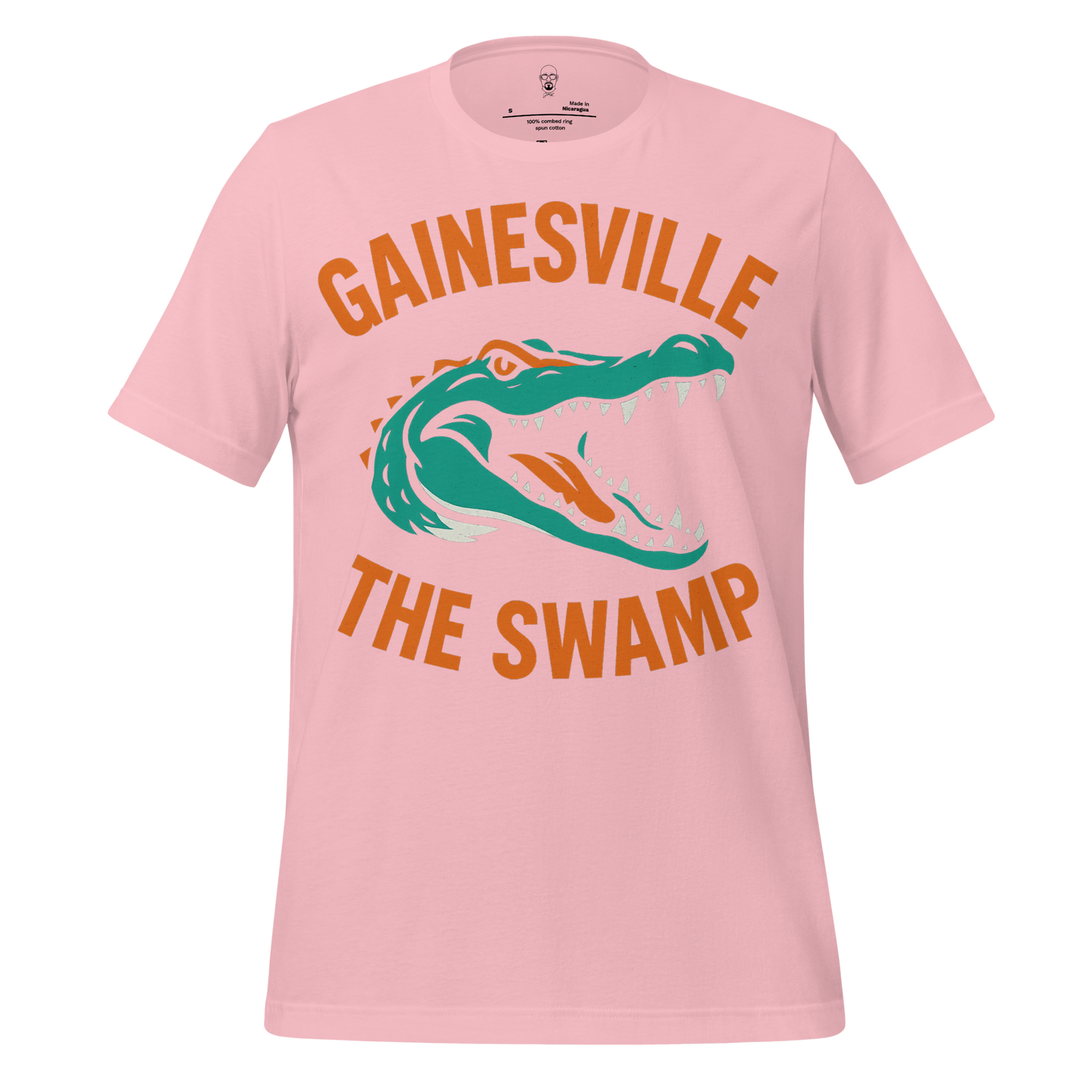 Pink Gainesville Graphic T-Shirt with green and orange alligator design and the text The Swamp
