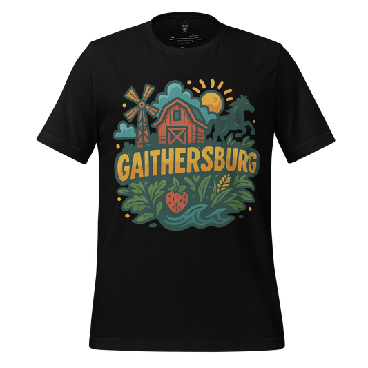 JMK Drip Gaithersburg Graphic T-Shirt with farm and nature illustration on black cotton fabric