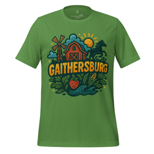 Green Gaithersburg Graphic T-Shirt with farm scene featuring barn, windmill, horse, sun, and plants design