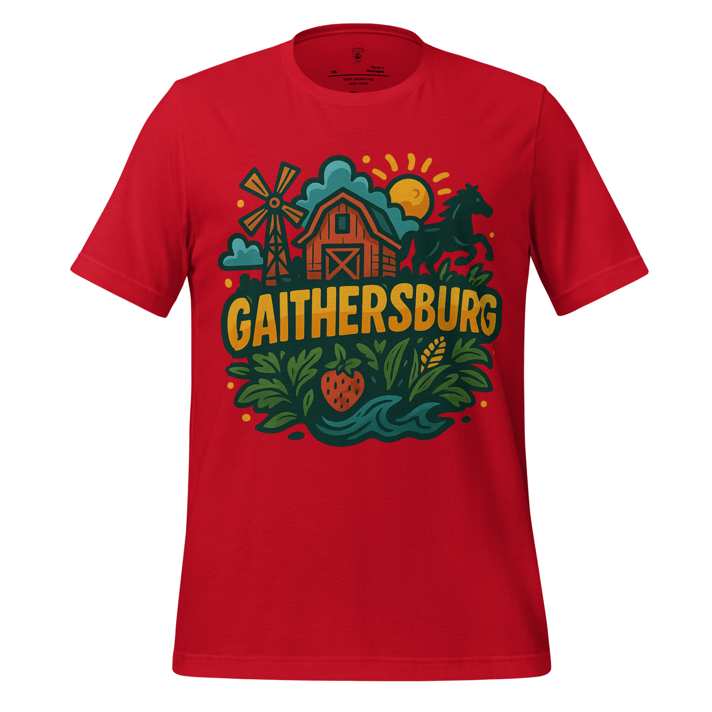 JMK Drip red Gaithersburg Graphic T-Shirt with farm and nature design featuring barn, horse, and strawberry