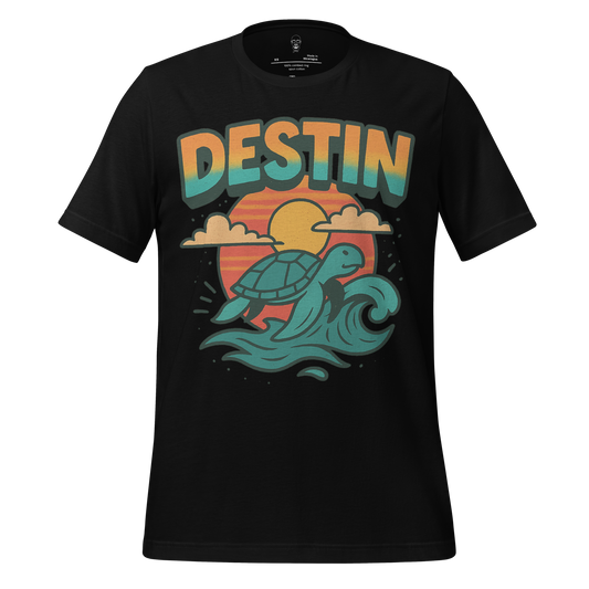 Black Destin Graphic T-Shirt with colorful sea turtle and sunset wave design
