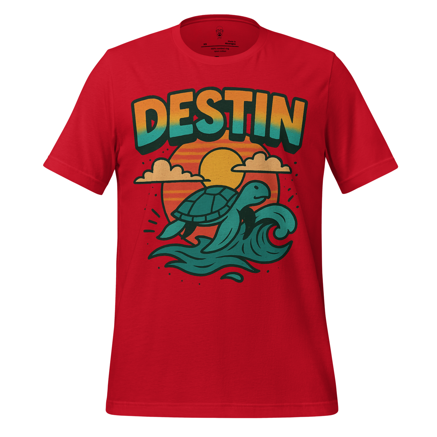 Red Destin Graphic T-Shirt featuring a turtle and ocean wave design with sunset background