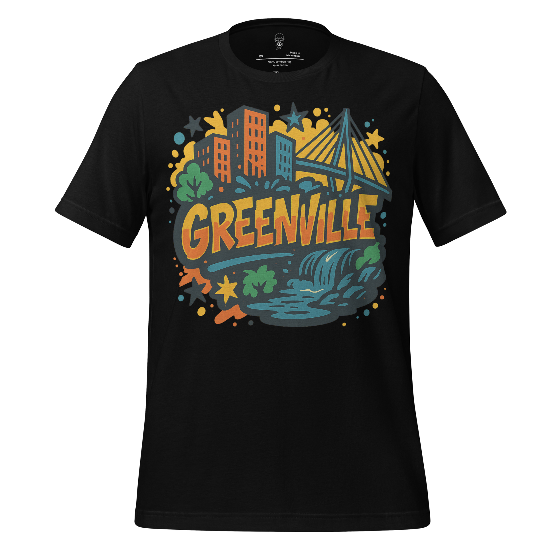 JMK Drip Greenville graphic t-shirt with colorful city skyline and nature design on black tee