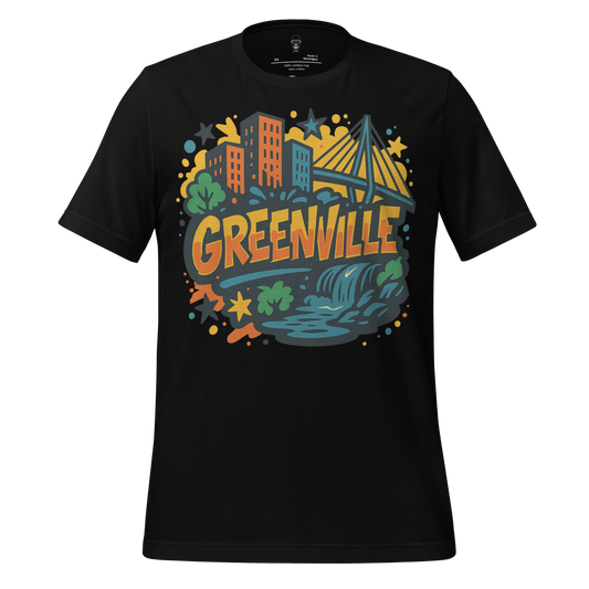 JMK Drip Greenville graphic t-shirt with colorful city skyline and nature design on black tee