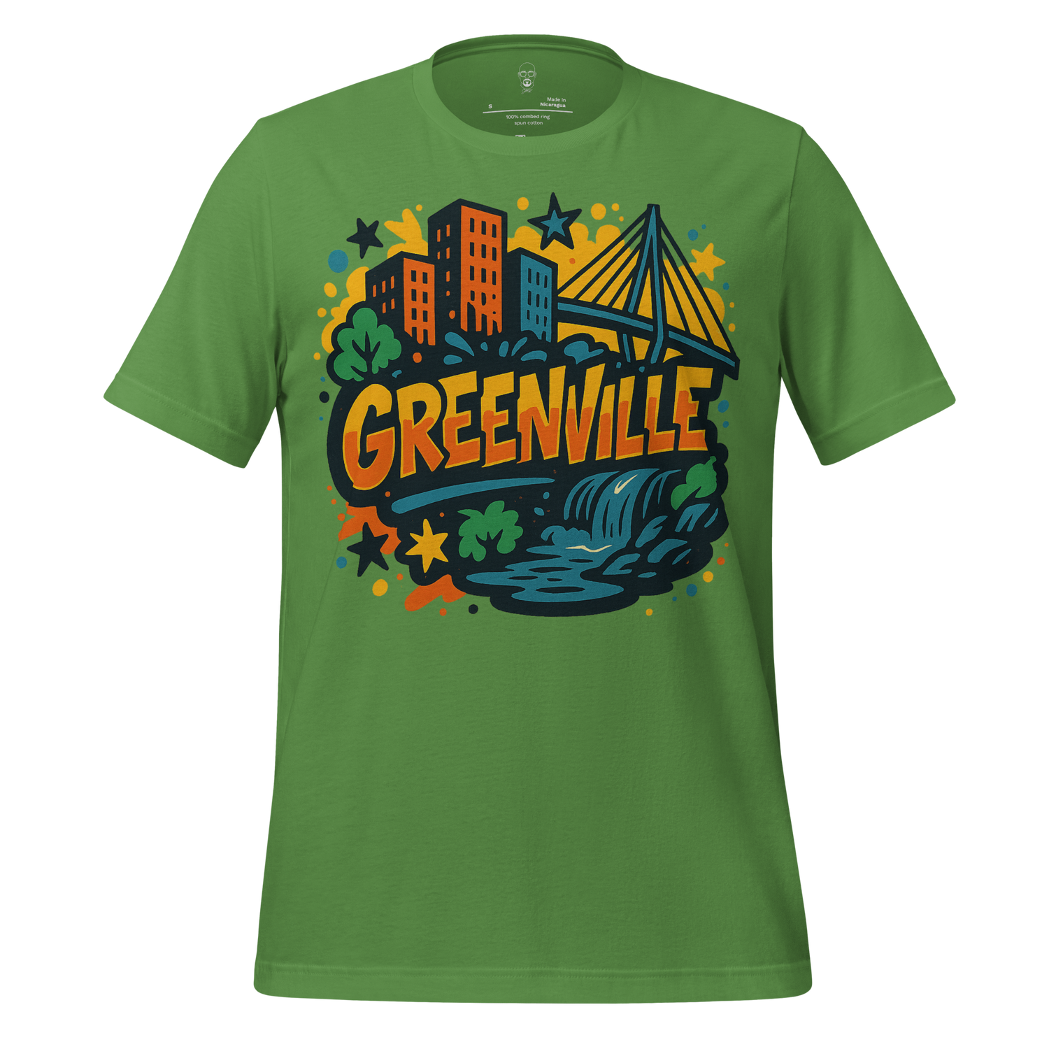 Green JMK Drip Greenville graphic t-shirt with cityscape, bridge, and waterfall design