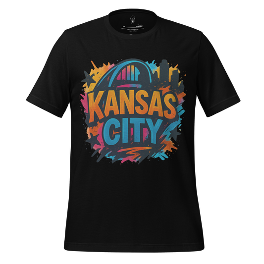 JMK Drip black Kansas City graphic tee with colorful cityscape and iconic arch design