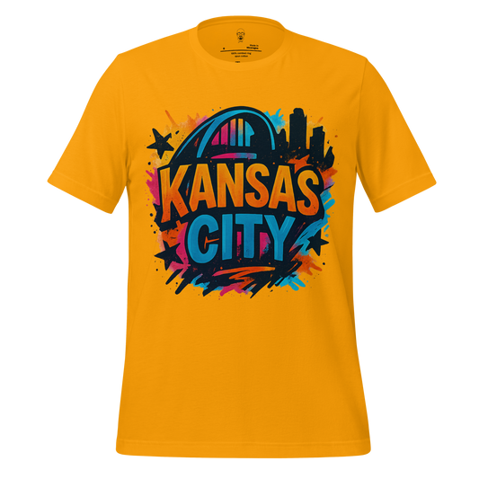 JMK Drip yellow Kansas City graphic tee with colorful city skyline and bold text design