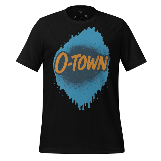Black Orlando graphic t-shirt with blue paint splash and orange O-Town text design