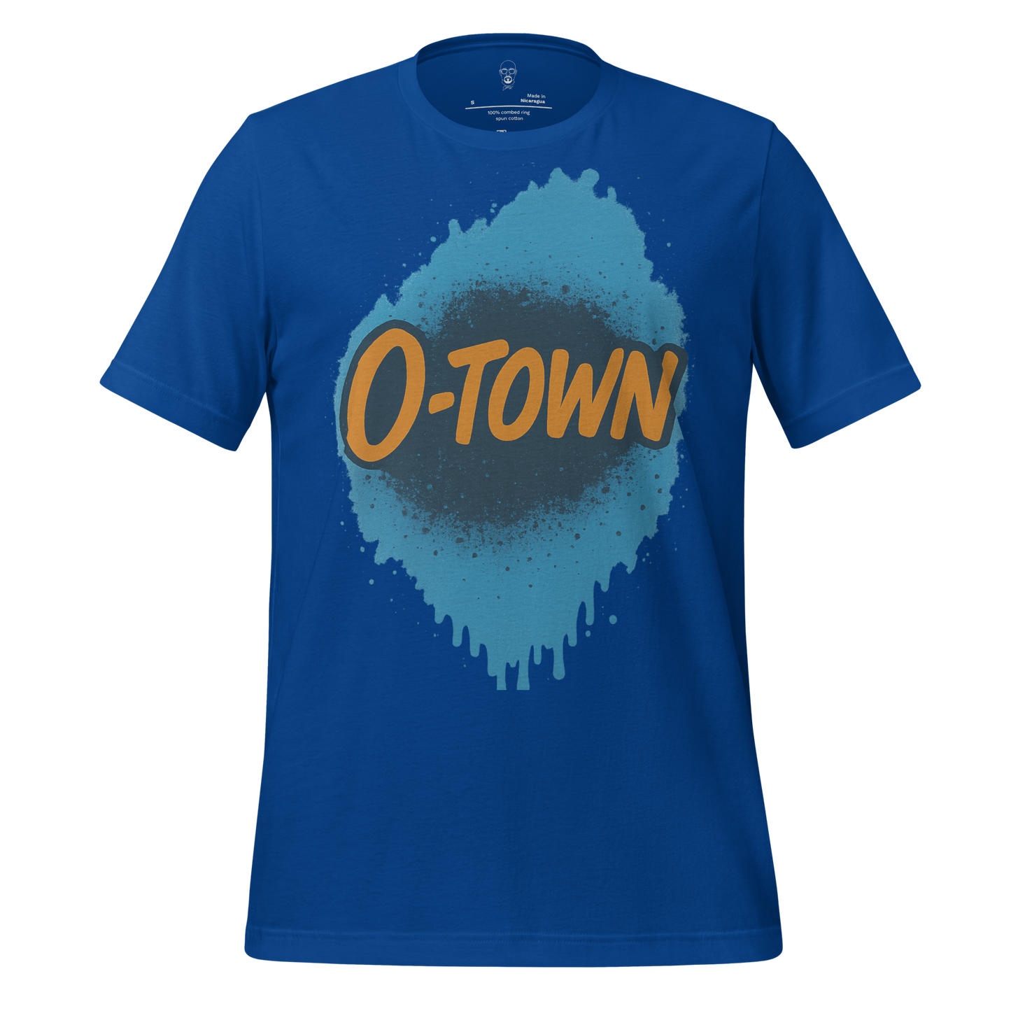 Blue Orlando graphic t-shirt with O-Town text and abstract splash design