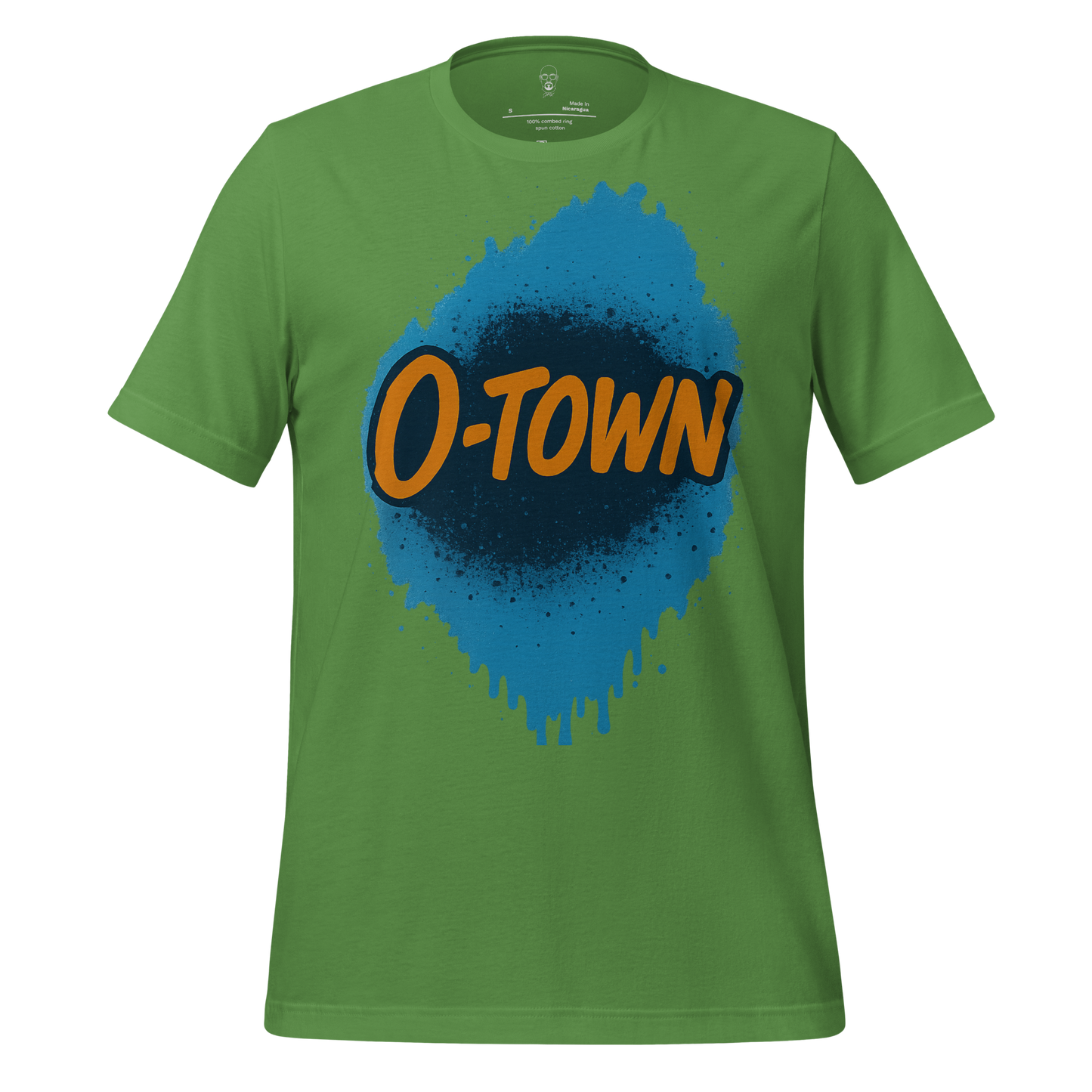 Green Orlando graphic t-shirt with blue paint splash and orange O-TOWN text design