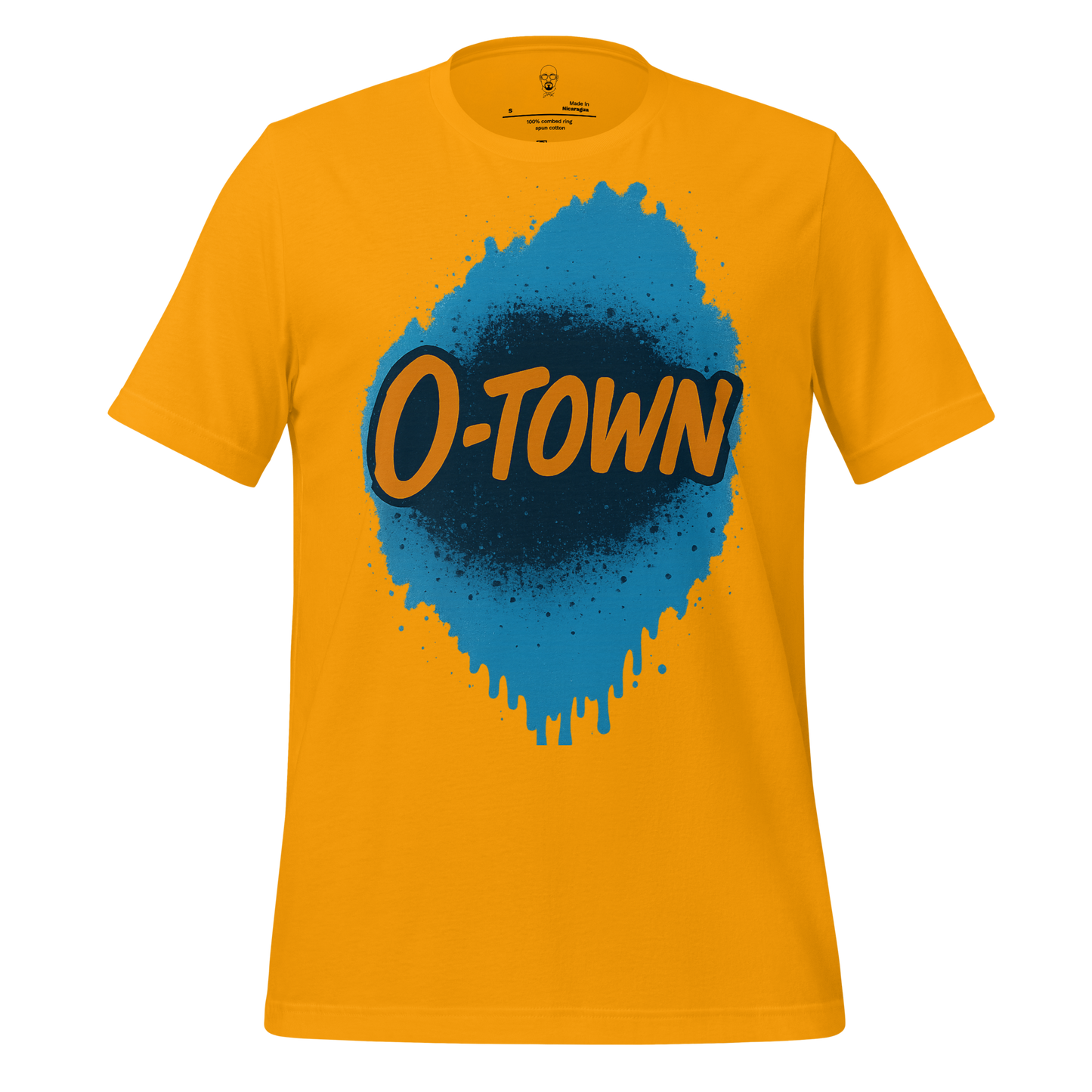 Orange Orlando graphic t-shirt with blue paint splash and O-Town text design