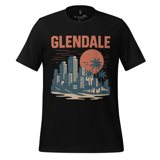 Black Glendale Graphic T-Shirt with city skyline, palm trees, and sunset design by JMK Drip