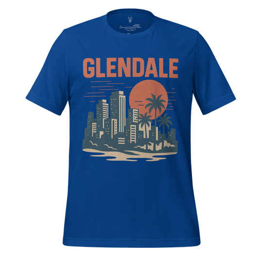 Blue Glendale Graphic T-Shirt featuring city skyline and palm tree design with orange sun