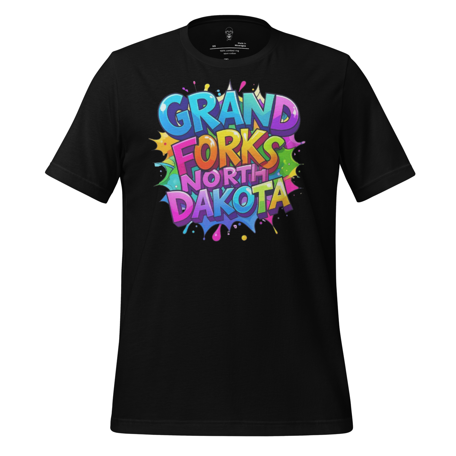 Black t-shirt with colorful graffiti design of Grand Forks North Dakota text by JMK Drip