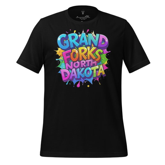Black t-shirt with colorful graffiti design of Grand Forks North Dakota text by JMK Drip